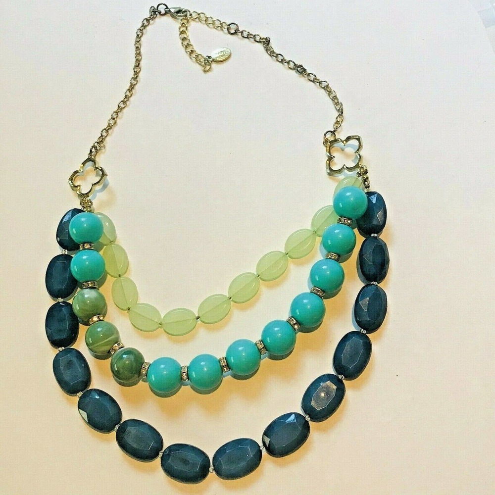 Simple Addiction Beaded Necklace Multi Strand Blue Green Rhinestones Gold Tone